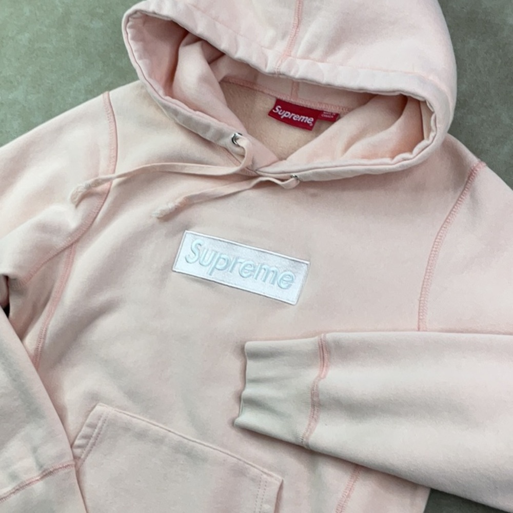 Supreme Small Peach Pink Box Logo Fleece Pullover Hoodie‎ Drawstring